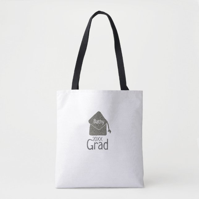 Silver studentmössa glitter lägga till namn grad å tygkasse (Framsida)