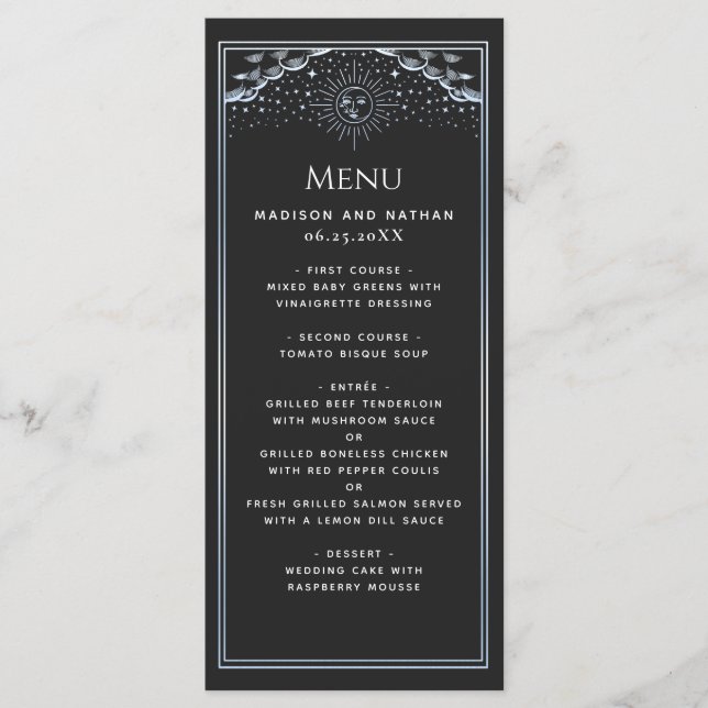 Silver Sun och Moon Tarot Bröllops Platt Menu Meny (Framsida)