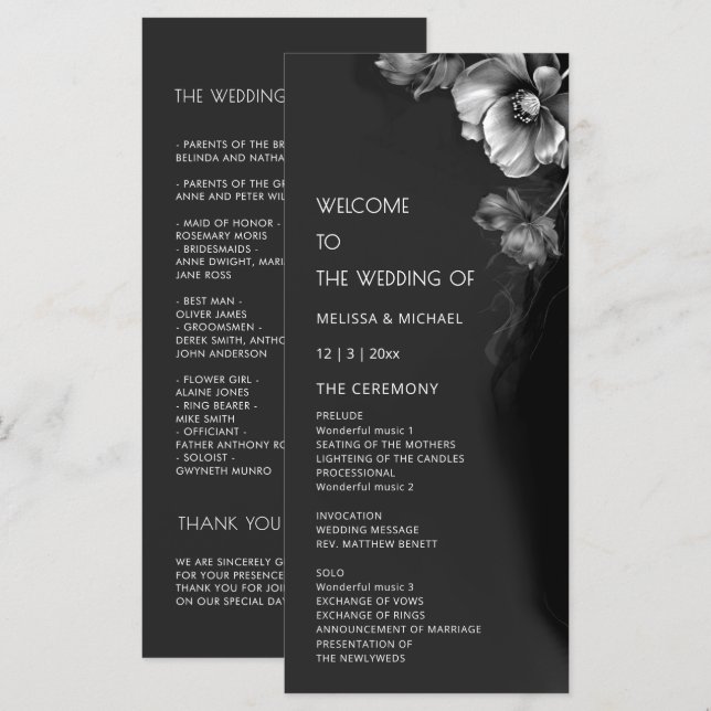 Silver Svart Blommig Bröllop Program (Fram/baksida)