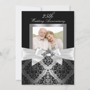 Silver Svart Bow & Damask 25-års bröllopsjubileum Inbjudningar