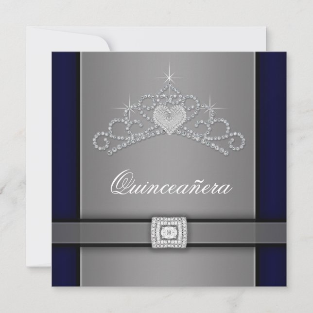 Silver Svart Diamant Hjärt Tiara Quinceanera Inbjudningar (Framsida)