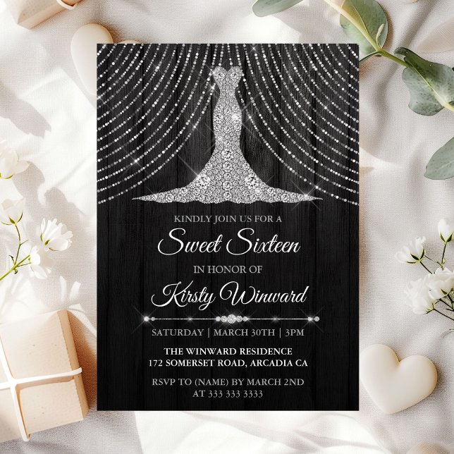 Silver Svart Diamant Klänning Sweet 16 Inbjudningar (Skapare uppladdad)