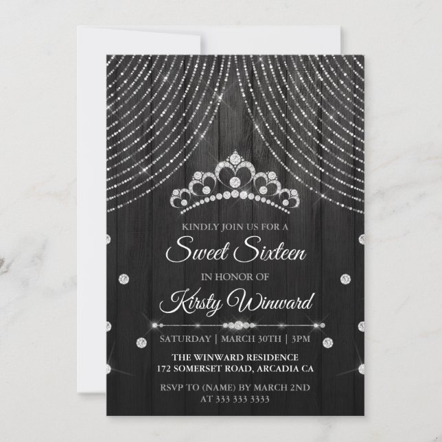 Silver Svart Diamant Tiara Sweet 16 Inbjudningar (Framsida)