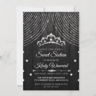 Silver Svart Diamant Tiara Sweet 16 Inbjudningar