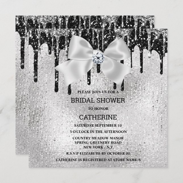 Silver svart diamantshimmer ljus luxuriskt glam inbjudningar (Fram/baksida)