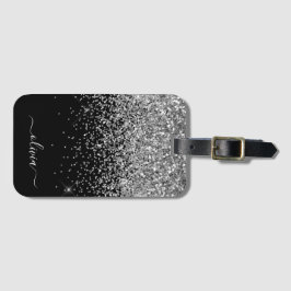 Silver Svart Flickig Glitter Glans Monogram Namn Bagagebricka