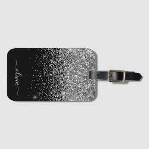 Silver Svart Flickig Glitter Glans Monogram Namn Bagagebricka