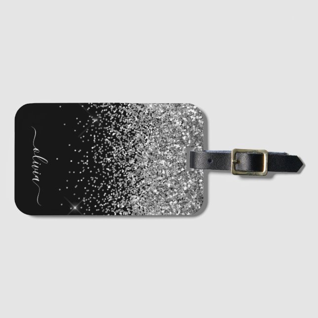 Silver Svart Flickig Glitter Glans Monogram Namn Bagagebricka (Framsida horisontal)