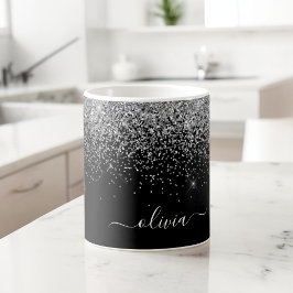 Silver Svart Flickig Glitter Glans Monogram Namn Kaffemugg
