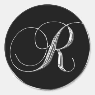 Silver, svart, formell bröllopsinbjudan Monogram R Runt Klistermärke