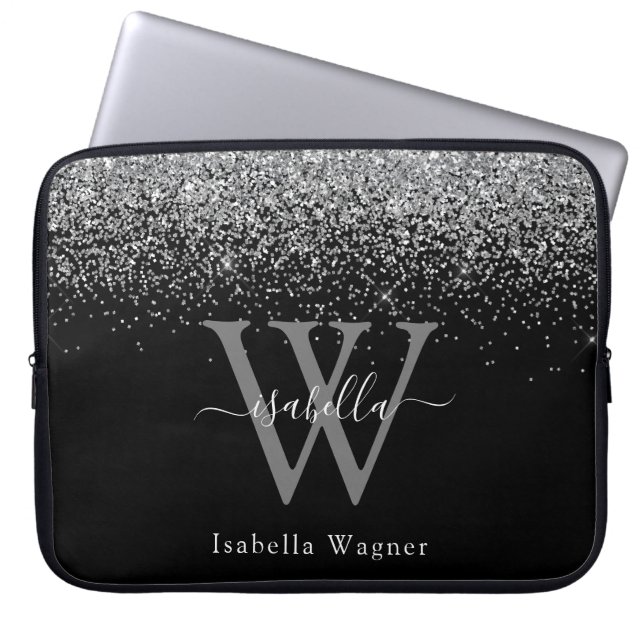 Silver Svart Glitter Elegant Namnskrift Laptop Fodral (Framsidan)