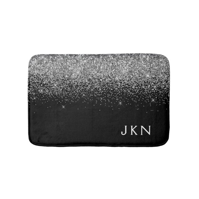 Silver Svart Glitter Monogram Girly Namn Initialer Badrumsmatta (Framsidan)