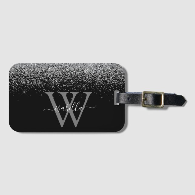 Silver Svart Glitter Namn Bagagebricka (Framsida horisontal)