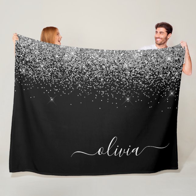 Silver Svart Glitter Skrift Monogram Flickaktigt N Fleecefilt (På plats)