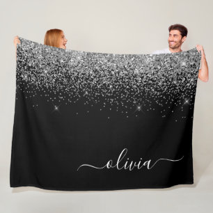 Silver Svart Glitter Skript Monogram Girlaktigt Na Fleecefilt