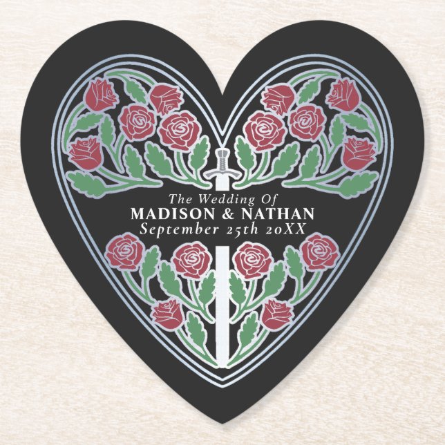 Silver Svart Kunglig Medeltida Blommig Svärd Bröll Underlägg Papper (Framsida)