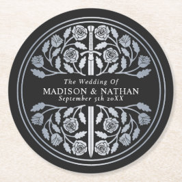 Silver Svart Kunglig Medeltida Svärd Bröllop Underlägg Papper Rund