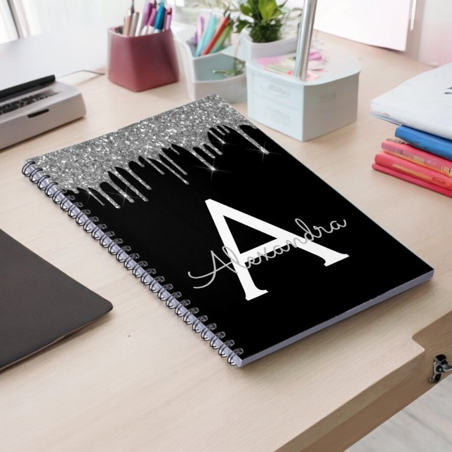 Silver Svart Lyx Glitter Glam Monogram Namn Anteckningsbok (Skapare uppladdad)