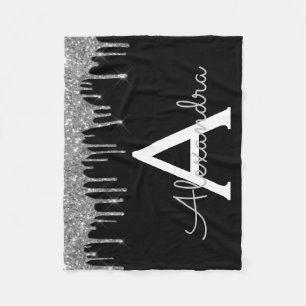Silver Svart Lyx Glitter Glam Monogram Namn Fleecefilt