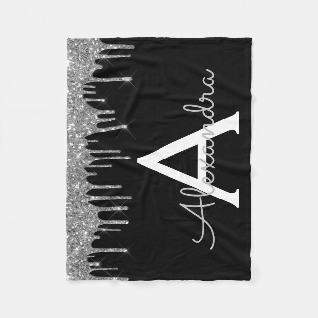 Silver Svart Lyx Glitter Glam Monogram Namn Fleecefilt (Framsidan)