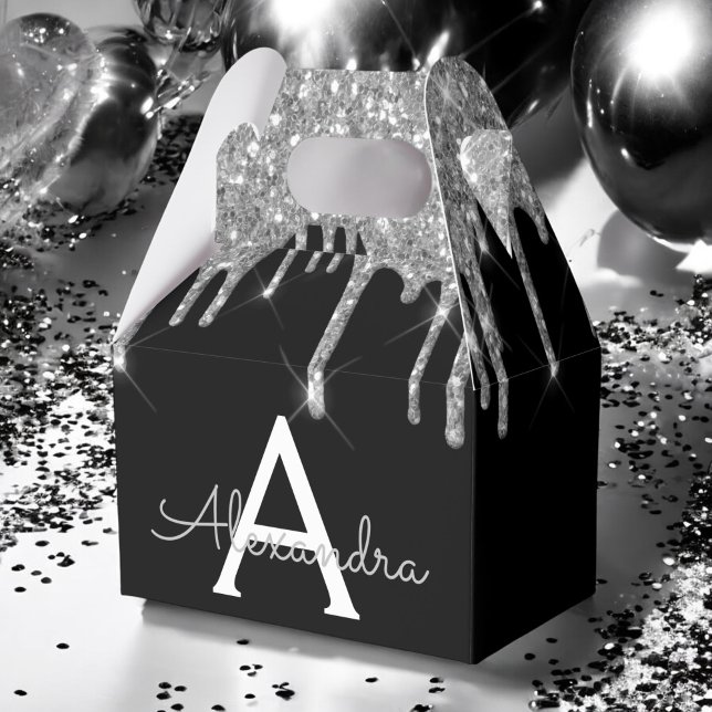 Silver Svart Lyx Glitter Glam Monogram Namn Presentaskar (Skapare uppladdad)