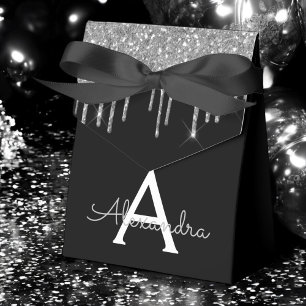 Silver Svart Lyx Glitter Glam Monogram Namn Presentaskar