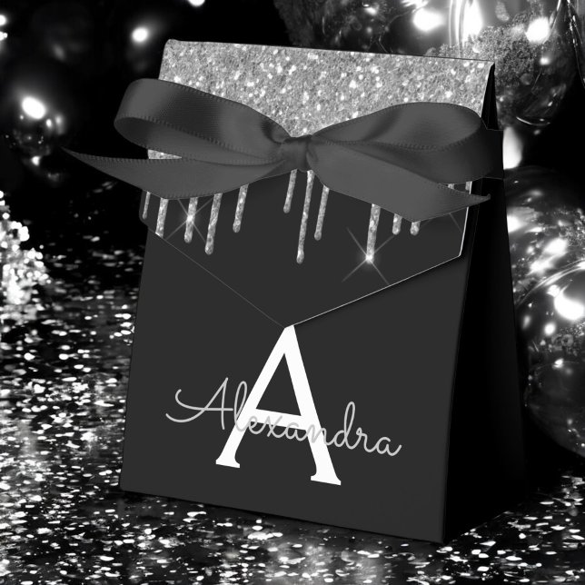 Silver Svart Lyx Glitter Glam Monogram Namn Presentaskar (Skapare uppladdad)