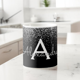 Silver Svart Lyx Glitter Monogram Namn Kaffemugg