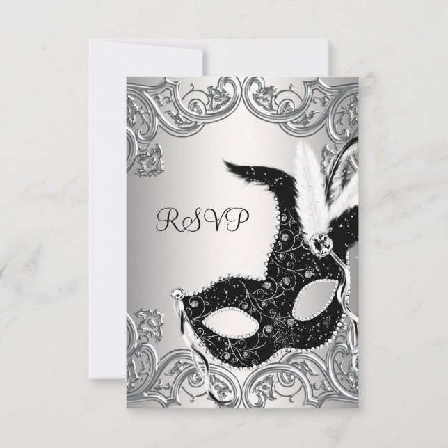 Silver Svart Maskerad Fest RSVP OSA Kort (Framsida)