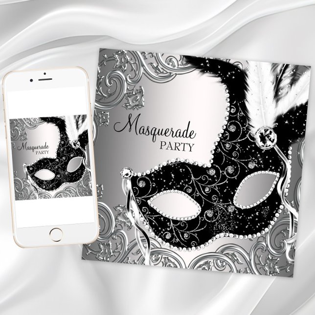 Silver svart maskeradbalen inbjudningar (Pretty masquerade party invitation for any occasion. Download and printed invitations available.)