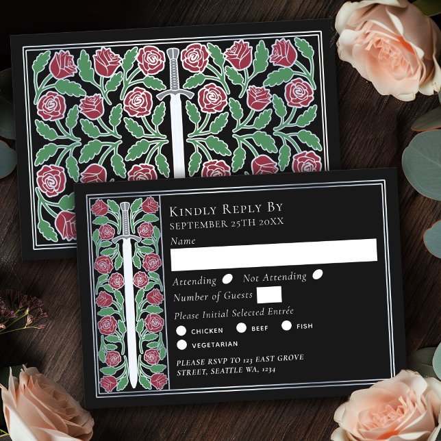 Silver Svart Medeltida Blommig Svärd Bröllop RSVP OSA Kort (Skapare uppladdad)