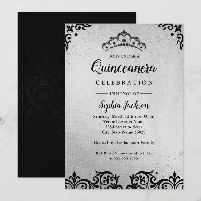Silver Svart Tiara Damast Quinceanera Inbjudningar (Fram/baksida)