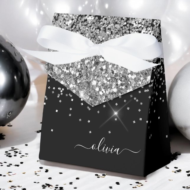 Silver Svart Tjej Glitter Glans Monogram Namn Presentaskar (Skapare uppladdad)