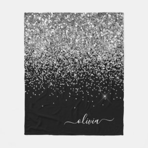 Silver Svart Tjejaktig Glitter Gnistrande Monogram Fleecefilt