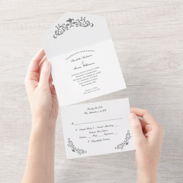 Silver Svart Vit Flourish Ornamentell Formell Bröl (Avrivbar del)