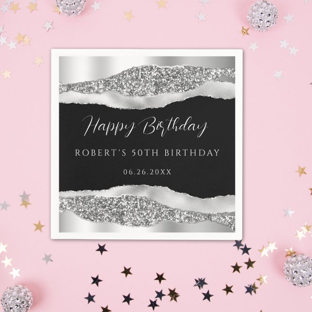 Silver Svarta Grattis på födelsedagen Pappersserve Pappersservett (Skapare uppladdad)