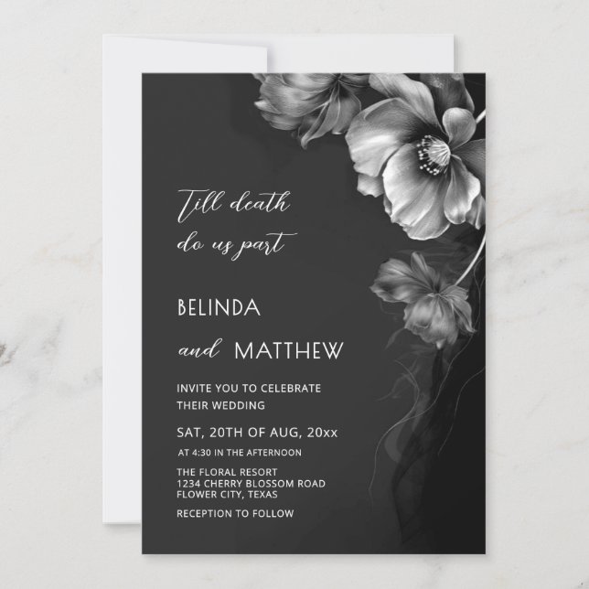 Silver Svarta Och Vita Blommor Goth Bröllop  Inbjudningar (Framsida)