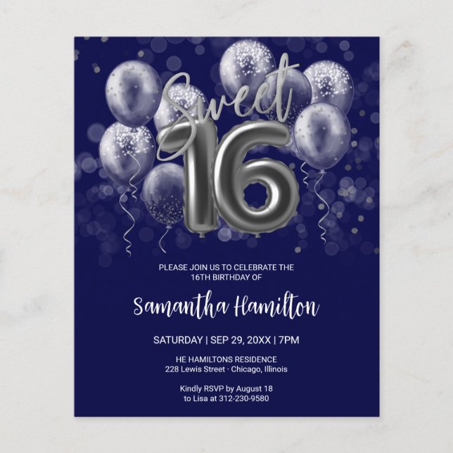 Silver Sweet 16 Ballonger Blå Invitation (Framsida)
