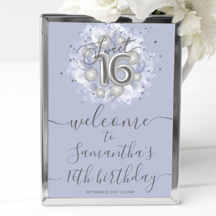 Silver Sweet 16 Ballonger Dustblå Välkomstskylt Poster