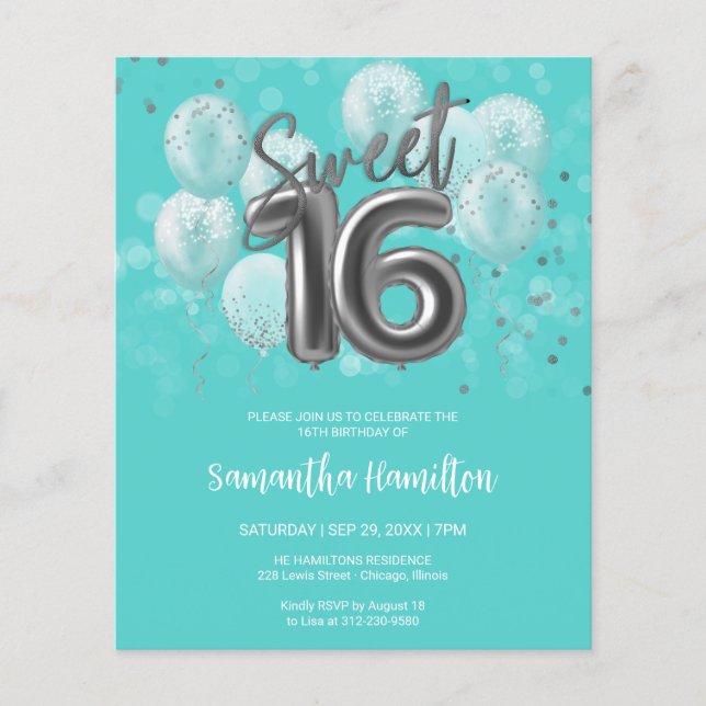 Silver Sweet 16 Ballonger Teal Invitation (Framsida)