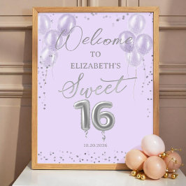 Silver Sweet 16 Balloons Lavender Välkomstskylt Poster