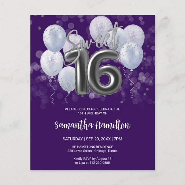 Silver Sweet 16 Balloons Lila Budge-inbjudan (Framsida)