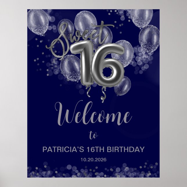 Silver Sweet 16 Balloons Royal Blue Welcome Sign Poster (Framsidan)