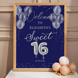 Silver Sweet 16 Balloons Royal Blue Welcome Sign Poster