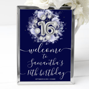 Silver Sweet 16 Bday Balloons Blue Welcome Sign Poster