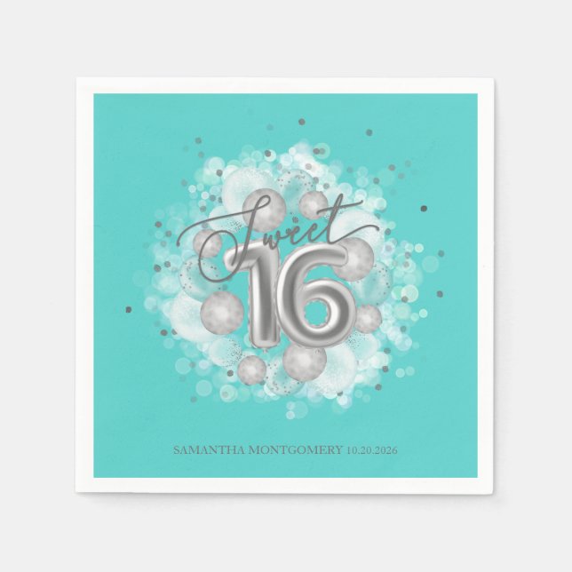 Silver Sweet 16 Birthday Balloons Party Teal Pappersservett (Framsidan)