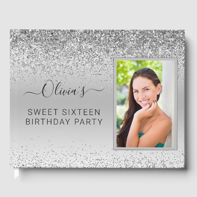 Silver Sweet 16:e födelsedagen Gnistra Glitter Pho Gästböcker (Framsida)