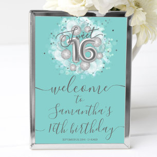 Silver Sweet 16 Födelsedagsballonger Teal Välkomst Poster