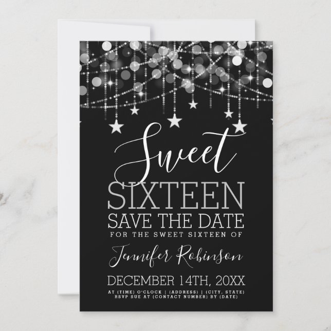 Silver Sweet 16 Sparkly String Ljus Spara Date Datumet (Framsida)