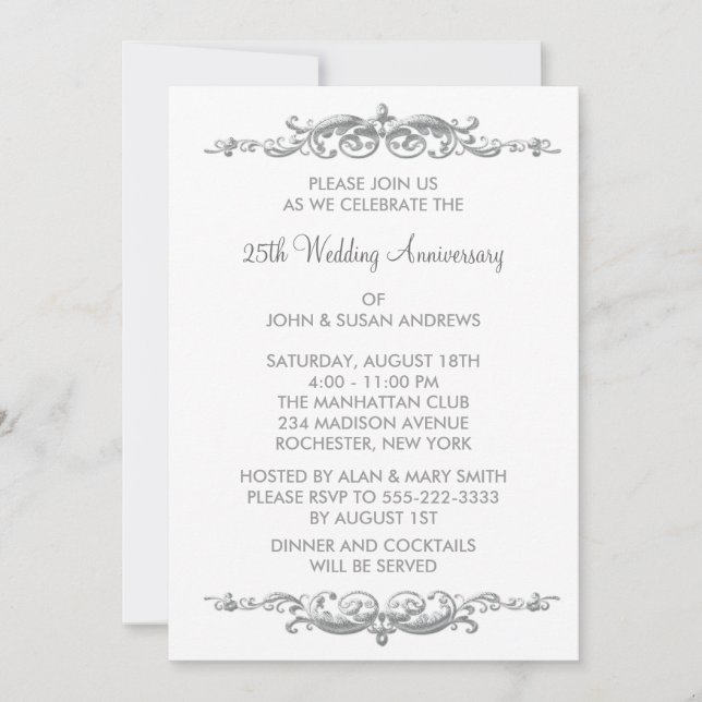 Silver Swirl 25-års bröllopsjubileum fest Inbjudningar (Framsida)